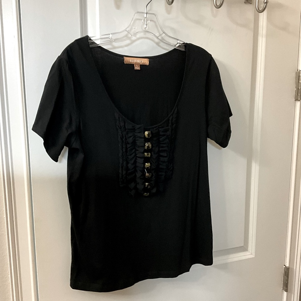 Ellen Tracy black short sleeve top with front embellishments